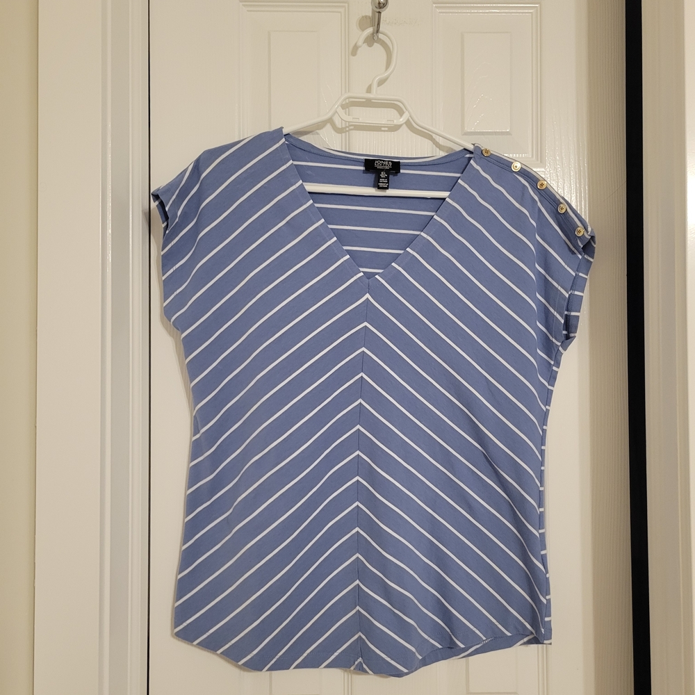 Jones New York Striped Blue V-Neck Blouse Size L